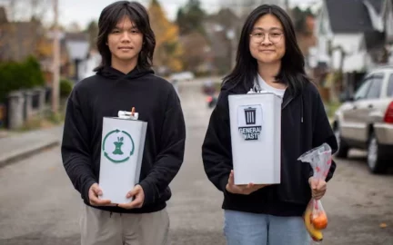 Sunny Huynh, left, and Amy Bach with their invention Bin Genius, pictured in Vancouver (courtesy Ben Nelms/CBC News)